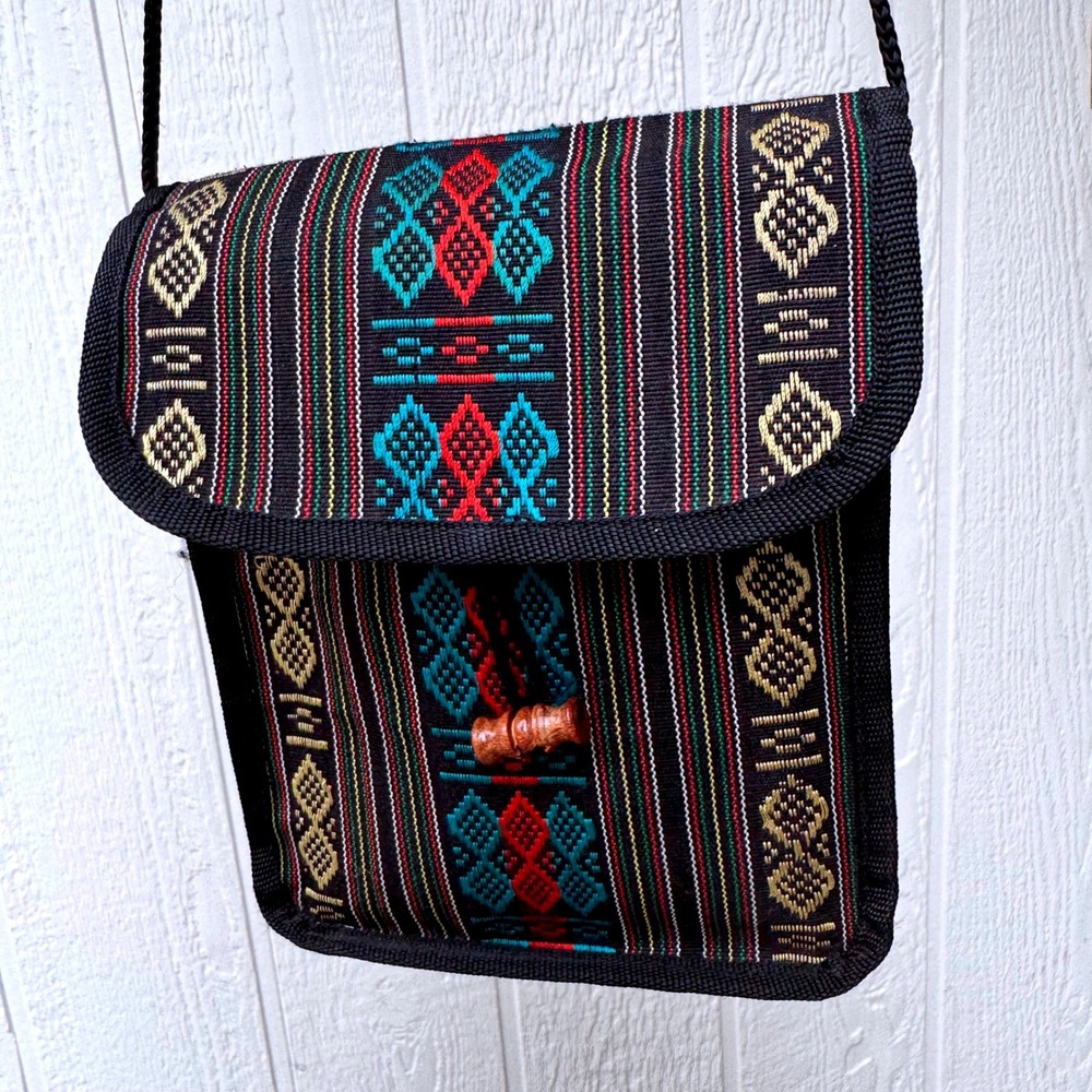 VTG Dunhill Woven Geometric Boho Crossbody Bag Black Blue Wooden Leather Pouch